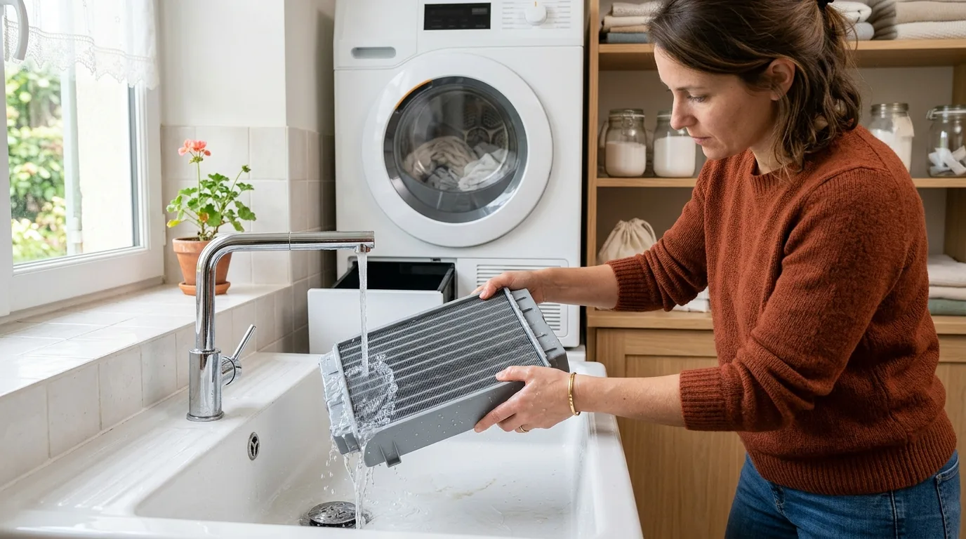 Rinçage du condenseur d'un sèche-linge à l'eau claire dans un évier de buanderie
