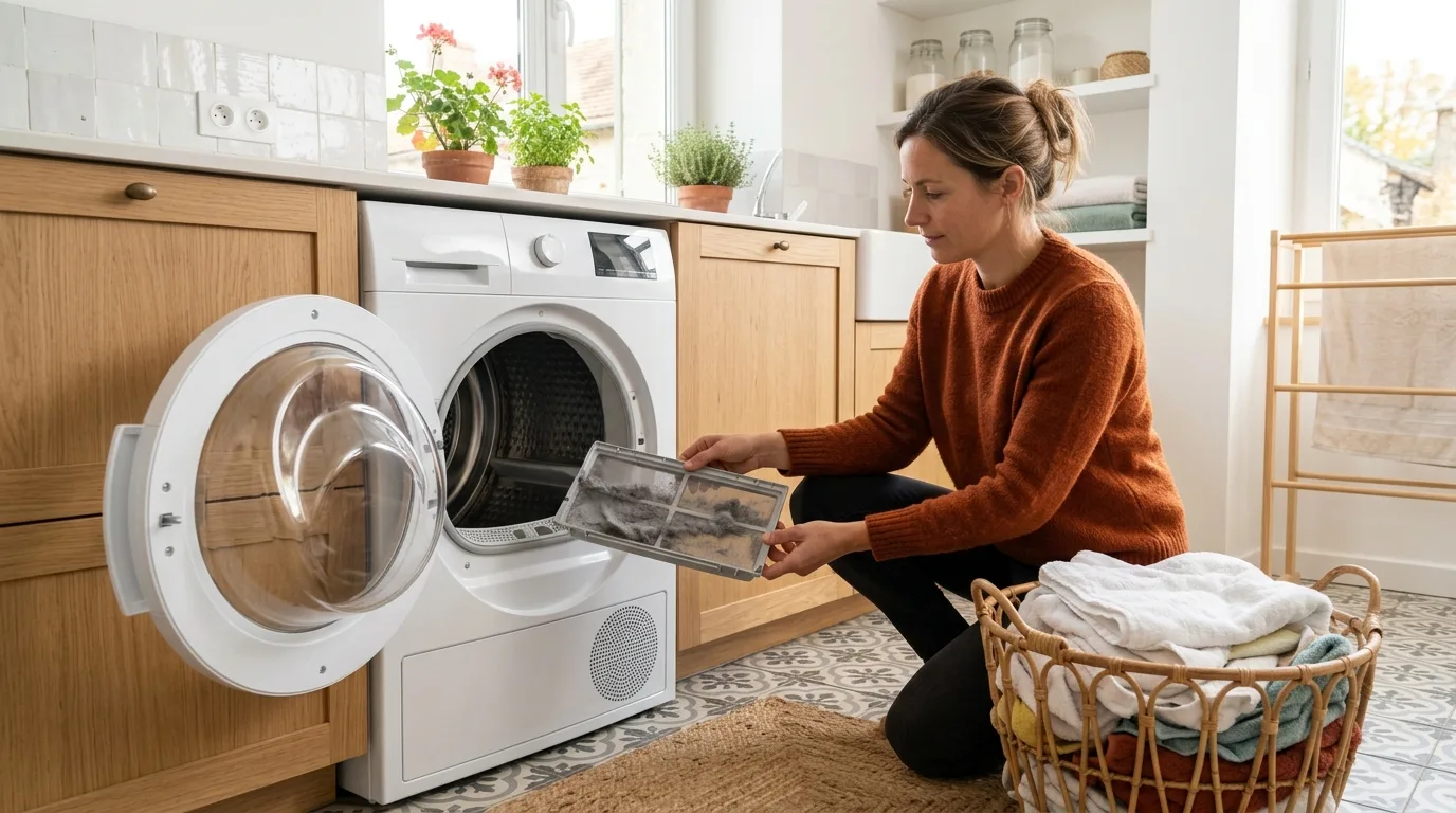 Retrait du filtre à peluches d'un sèche-linge à hublot ouvert