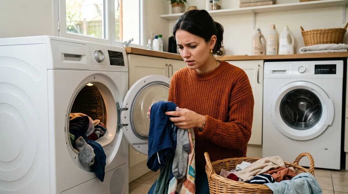 Linge encore humide sorti d'un sèche-linge qui ne sèche plus