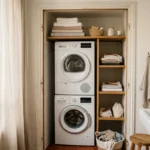 Sèche-linge compact superposé sur un lave-linge dans un placard d'appartement