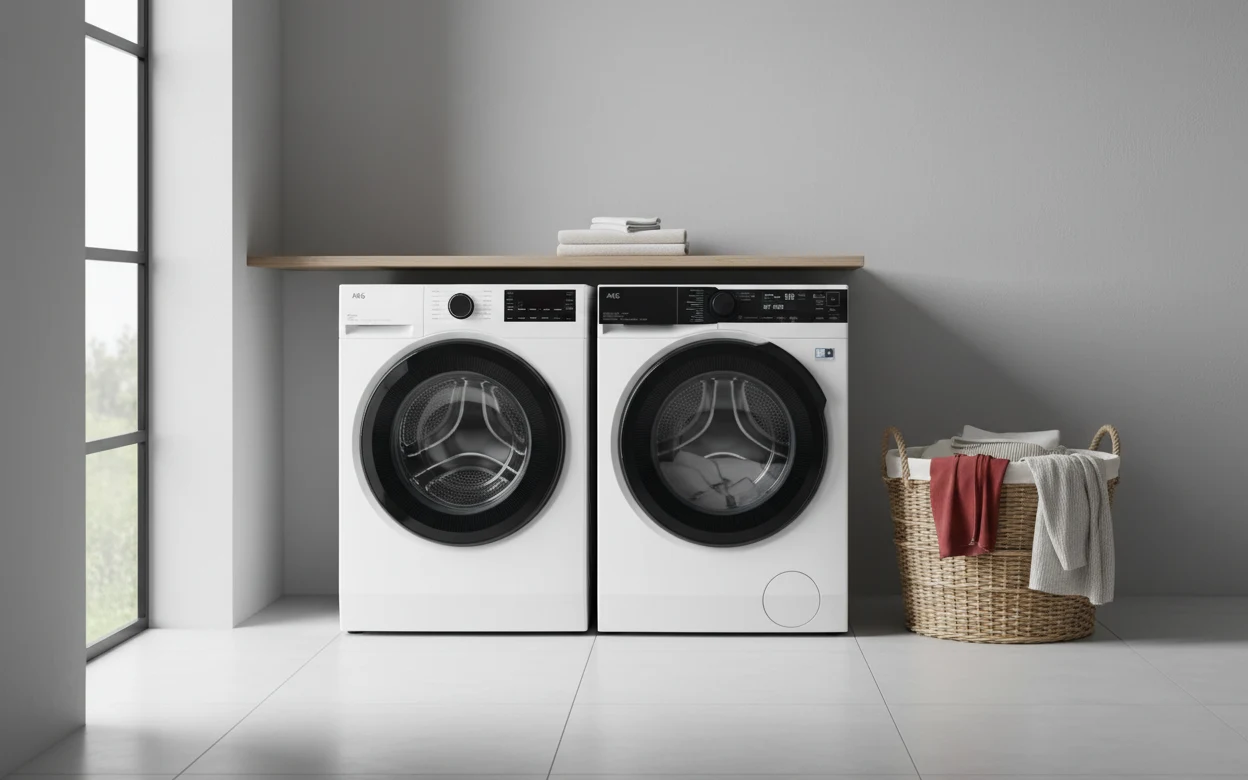 Avis AEG LWR73A1176V : lave-linge séchant AEG dans une buanderie