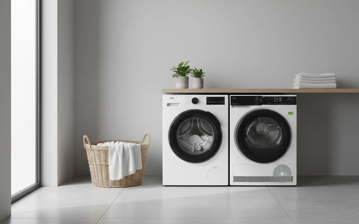 Avis AEG TR93A9H4BW : sèche-linge AEG 9 kg dans une buanderie