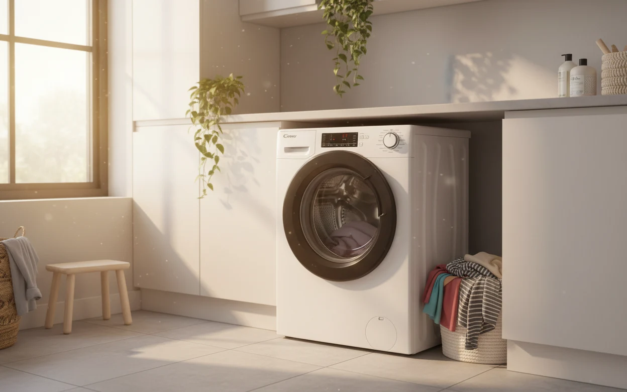 Avis Candy CSWS485TWMBE-47 : lave-linge séchant Candy dans une buanderie