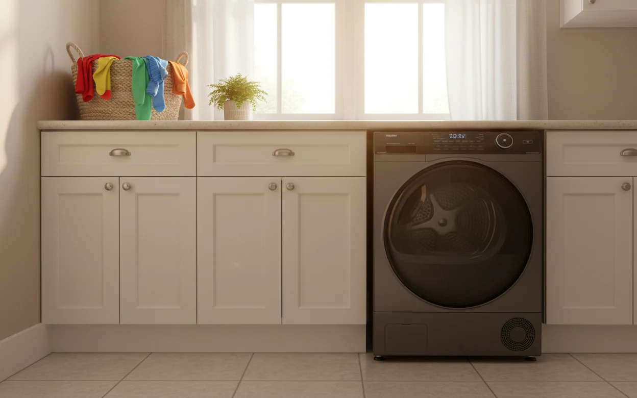 Avis Haier HD100-A2959RE-FR : sèche-linge Haier 10 kg dans une buanderie