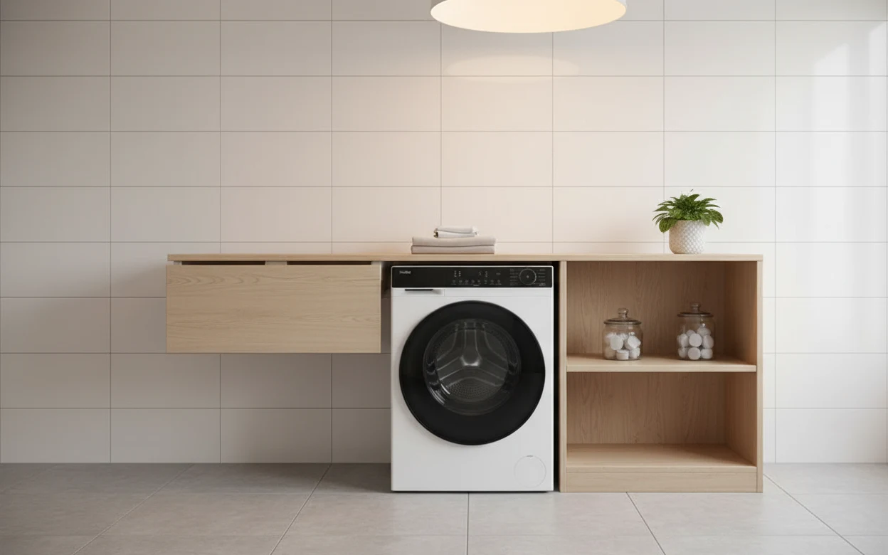 Avis Haier HWD120BP14357UFR : lave-linge séchant Haier dans une buanderie