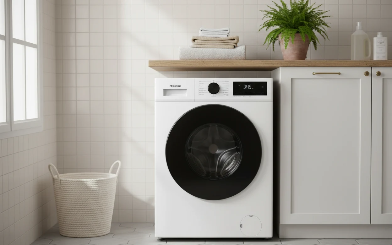 Avis Hisense WD1I8042BWP2 : lave-linge séchant Hisense 8 kg kg dans une buanderie