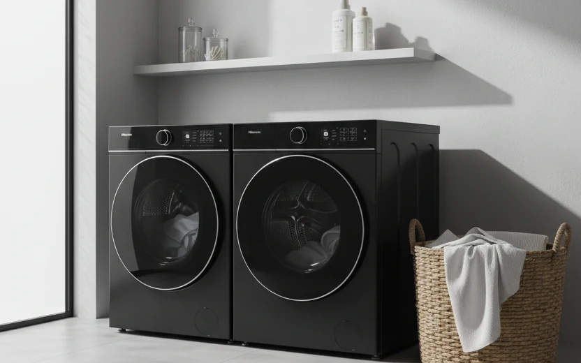 Avis Hisense WD5I1045BBQ : lave-linge séchant Hisense dans une buanderie