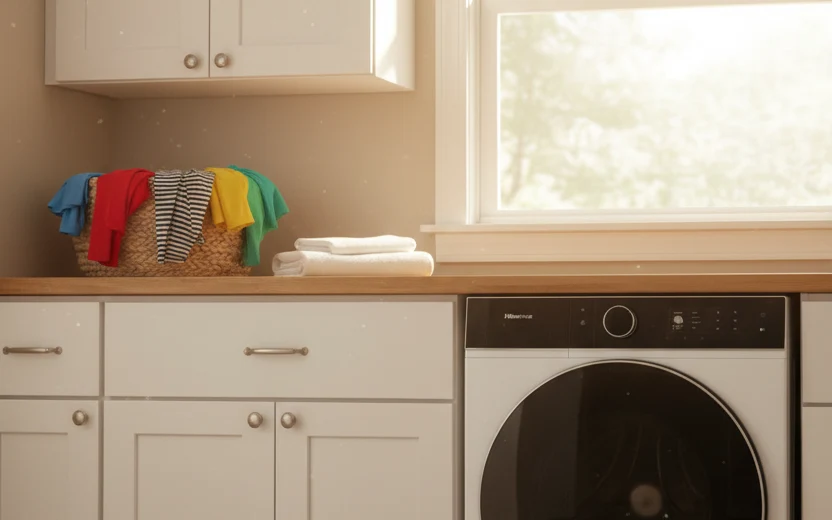 Avis Hisense WD5I1245BWRH : lave-linge séchant Hisense dans une buanderie