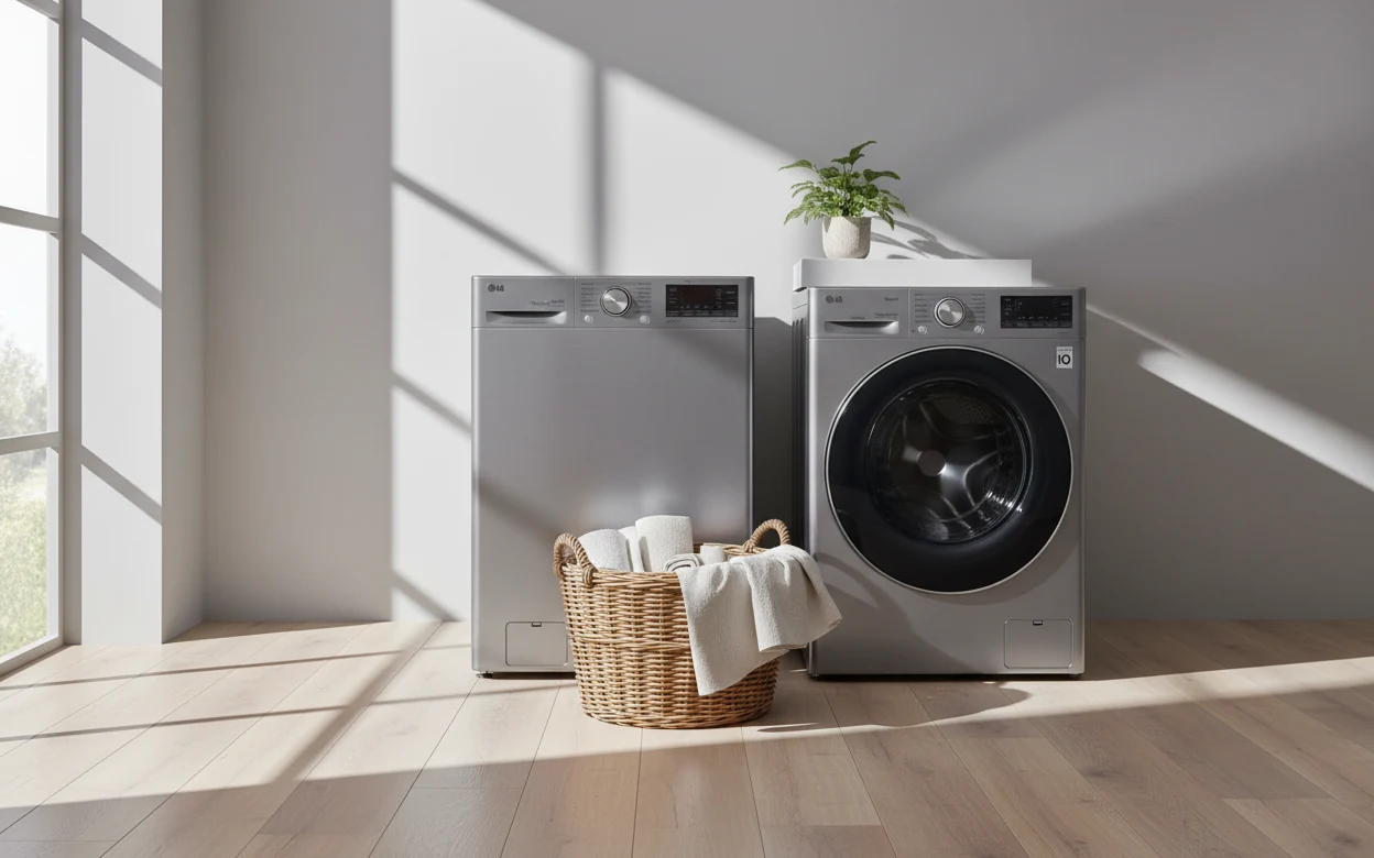 Avis LG F964V42IXRS : lave-linge séchant LG dans une buanderie