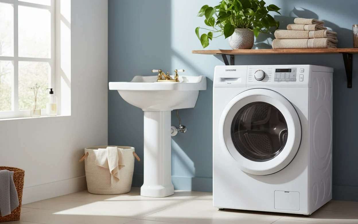 Avis Samsung DV80TA020DH : sèche-linge Samsung dans une buanderie
