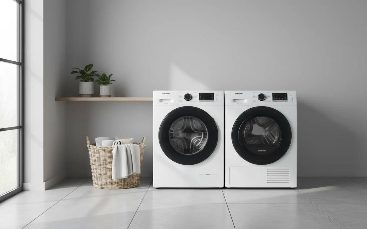 Avis Samsung DV80TA220AE : séchoir Samsung dans une buanderie