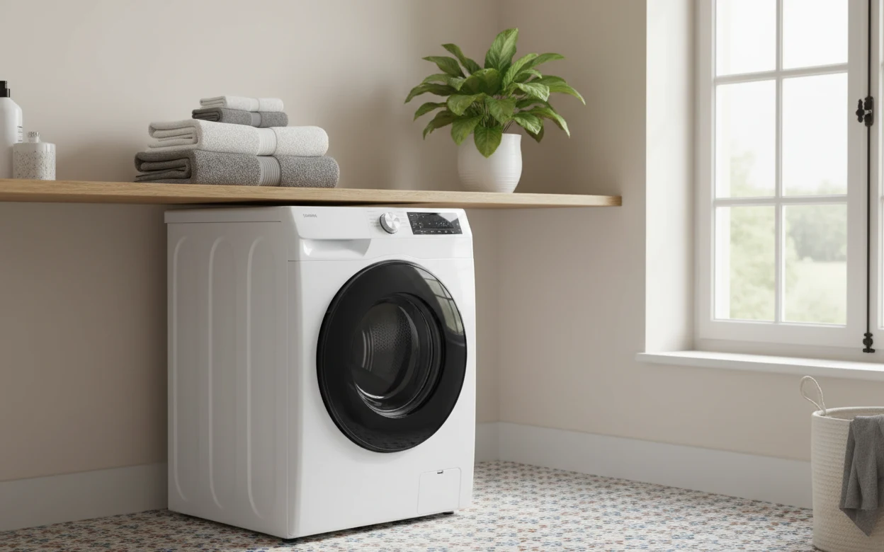 Avis Samsung WD10HG6U34BEU3 : lave-linge séchant Samsung dans une buanderie