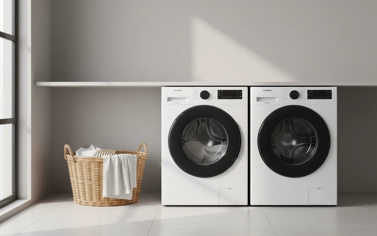 Avis Samsung WD11DG5B15BE : lave-linge séchant Samsung dans une buanderie